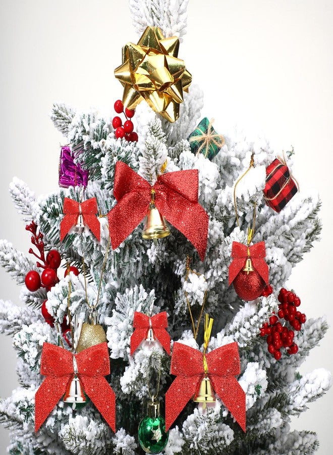 Glitinsel 48 Pcs Christmas Mini Bows with Bells Glitter Bows Christmas Tree Decorations 24 Red and 24 Green 2 x 1.5 Inch for Gift Wraps Premade for Wreath Ornaments Crafts - Image 3